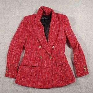 Zara Scarlet Tweed Blazer with Gold Accents